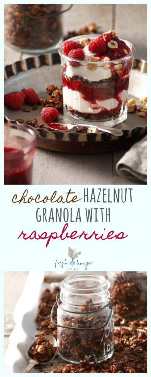 chocolate hazelnut granola with raspberries
