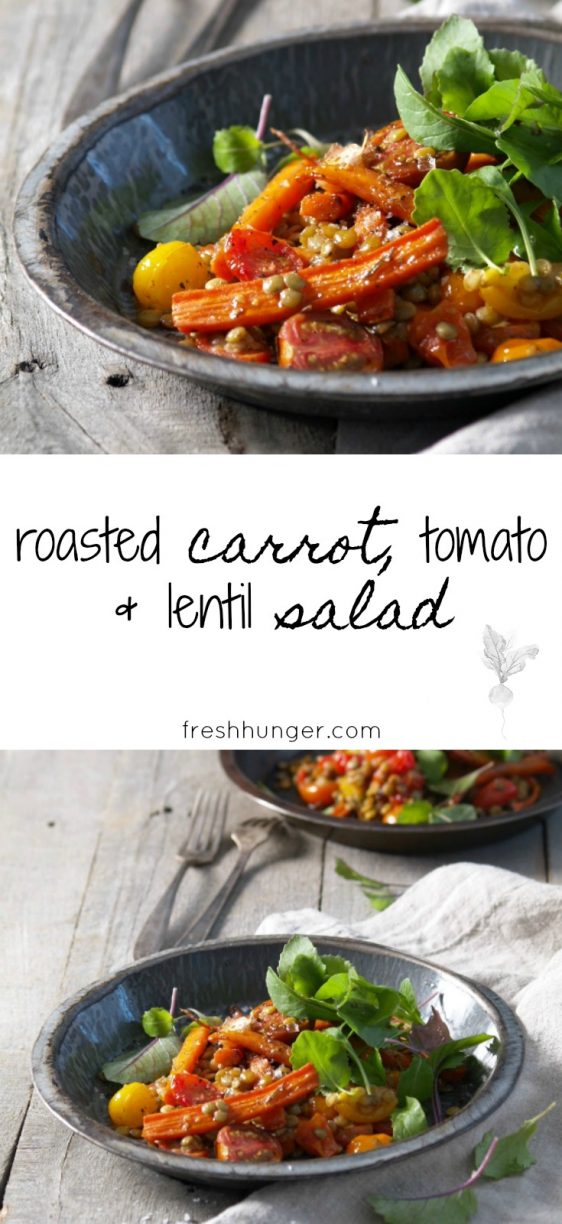 warm roasted carrot, tomato & lentil salad