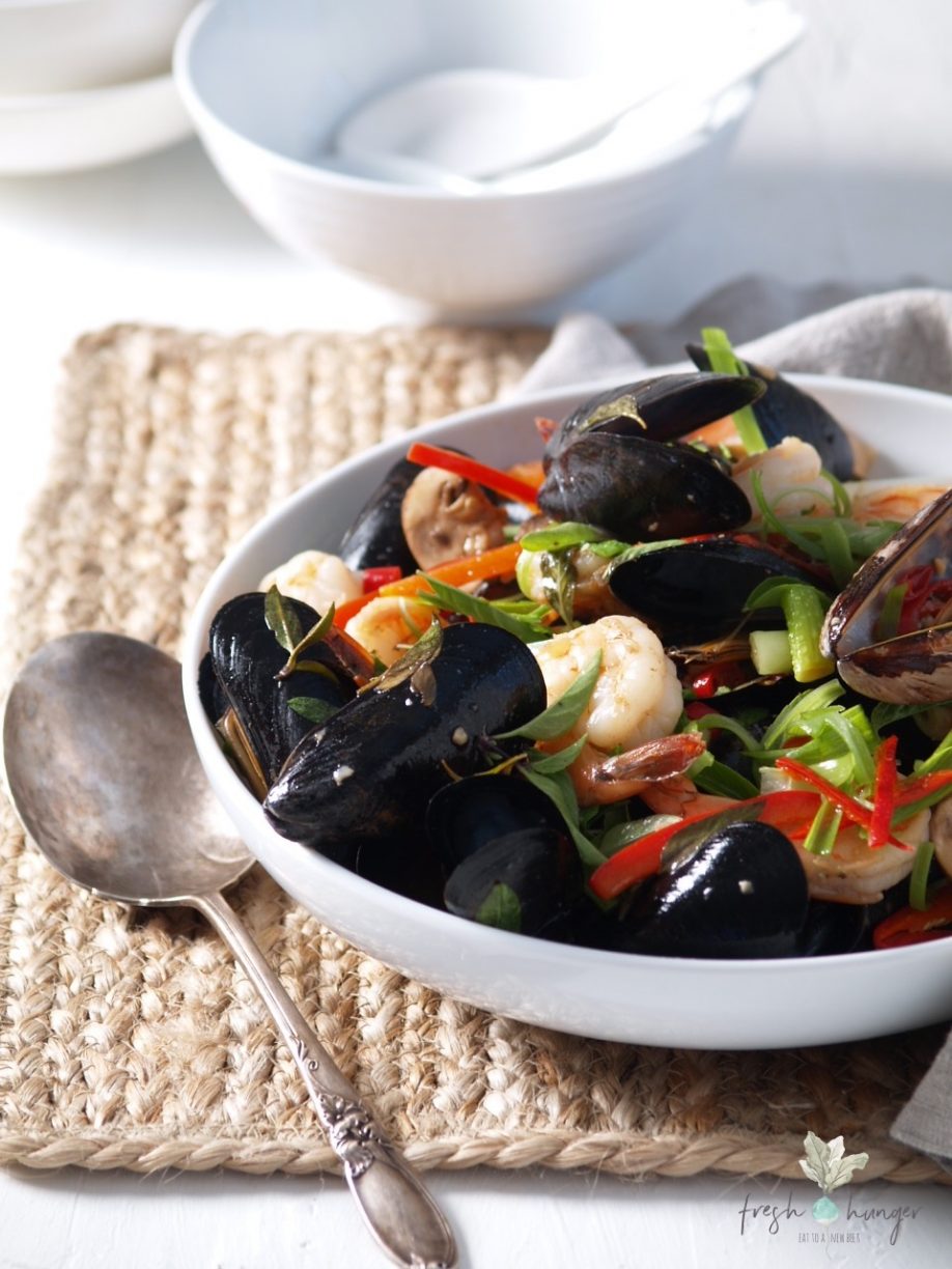 thai basil mussels & shrimp stir-fry
