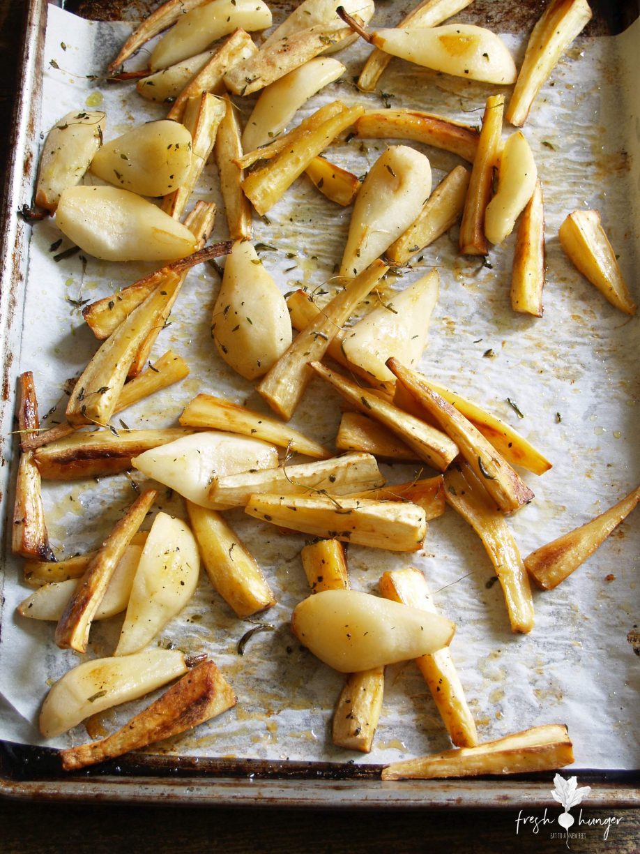 maple roasted parsnips & pears