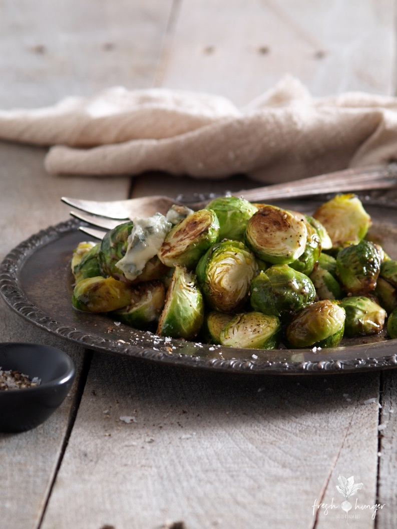 Roasted Blue Cheese Balsamic Brussels Sprouts