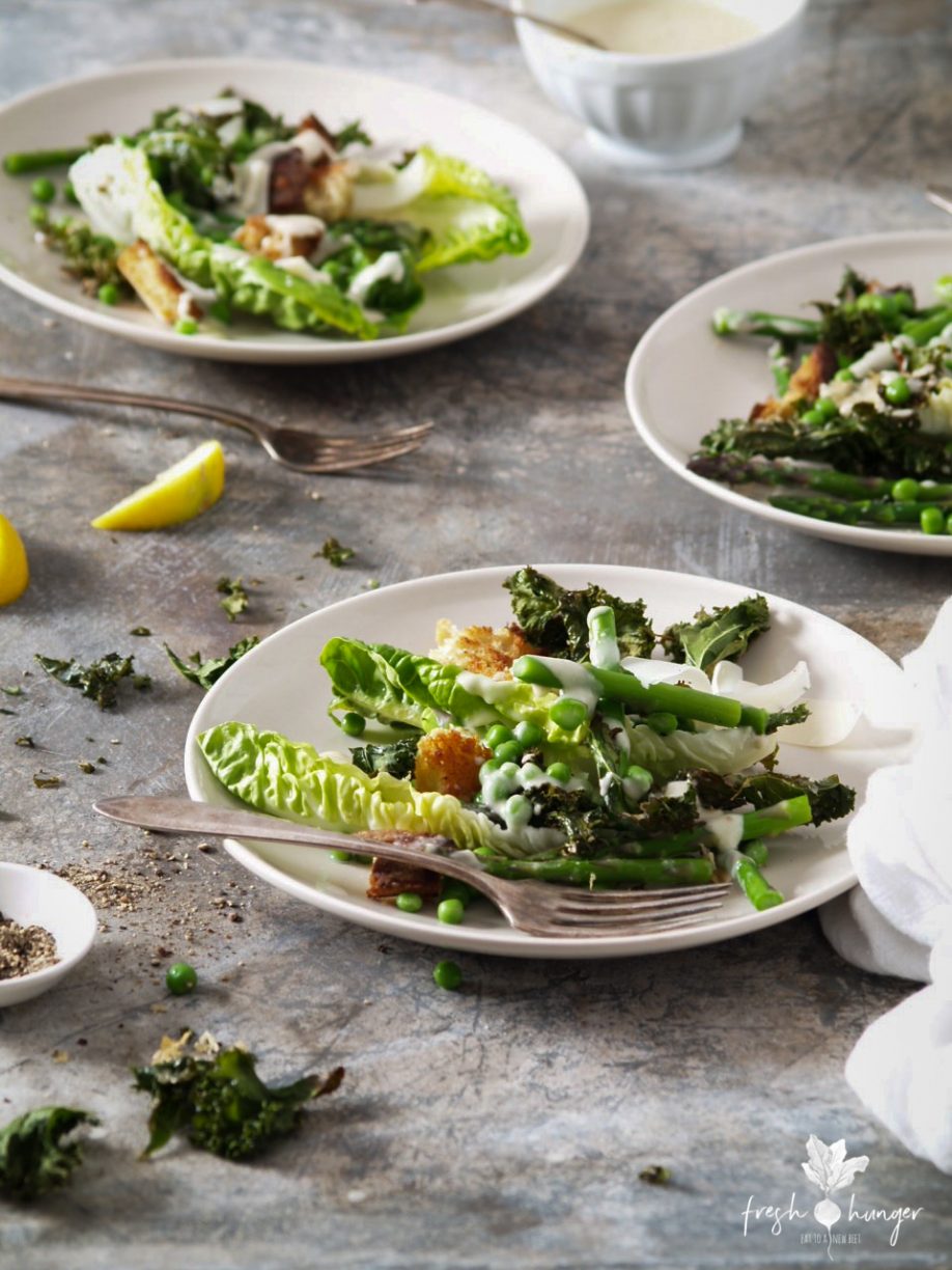 Crispy Kale, Pea & Asparagus Caesar Salad