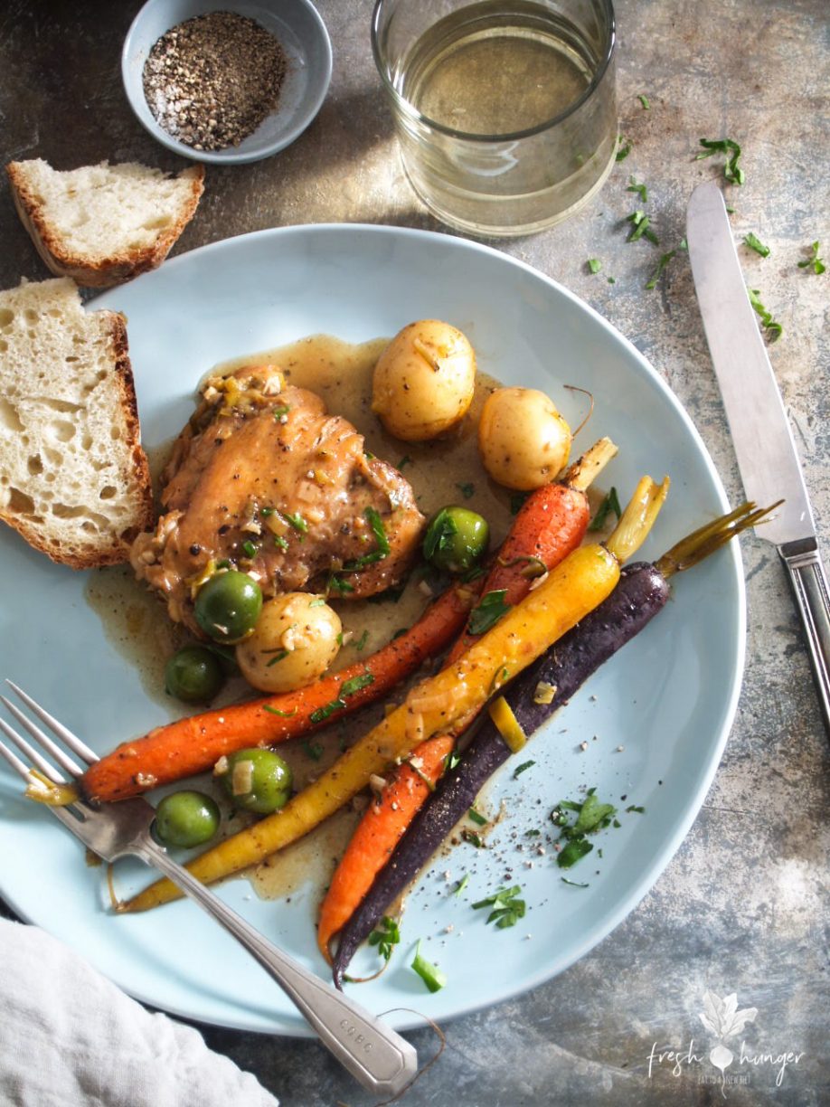 Rustic country chicken with olives, potatoes & leek