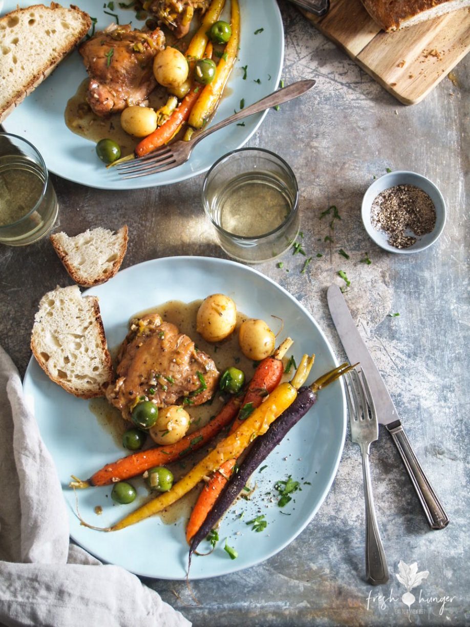 Rustic country chicken with olives, potatoes & leek