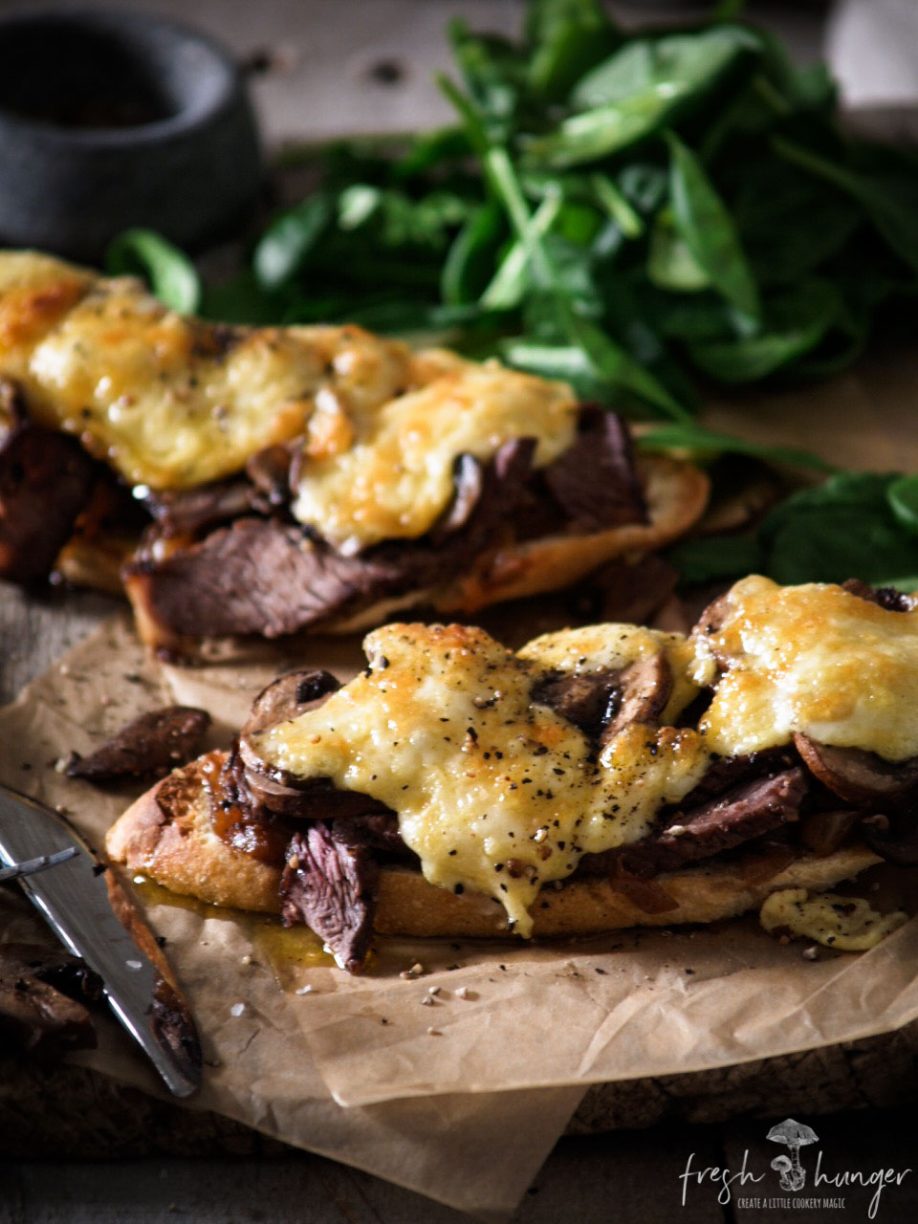 Steak, Mushroom & Swiss Open Sandwich
