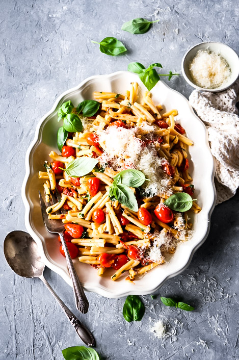 Herb Buttered Pasta with Garlicky Blistered Tomatoes