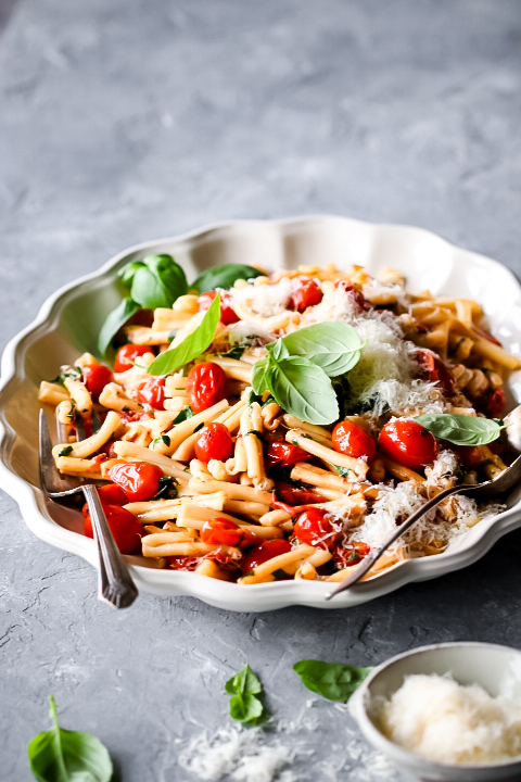 Herb Buttered Pasta with Sweet Blistered Tomatoes 